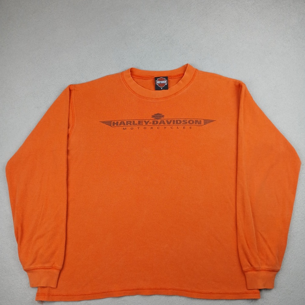 Harley-Davidson Thermal Shirt Mens M Orange Wild Fire Chicago Waffle Long Sleeve